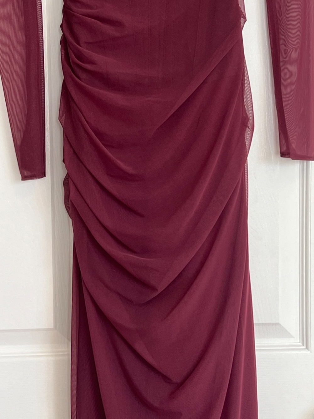 House of CB Burgundy Long Sleeve Mesh Gown - Picture 7 of 12